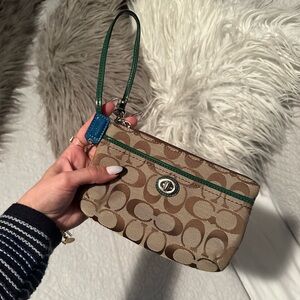 Coach Signature Monogram Turnlock Wristlet Wallet Clutch Brown Green Blue Pouch